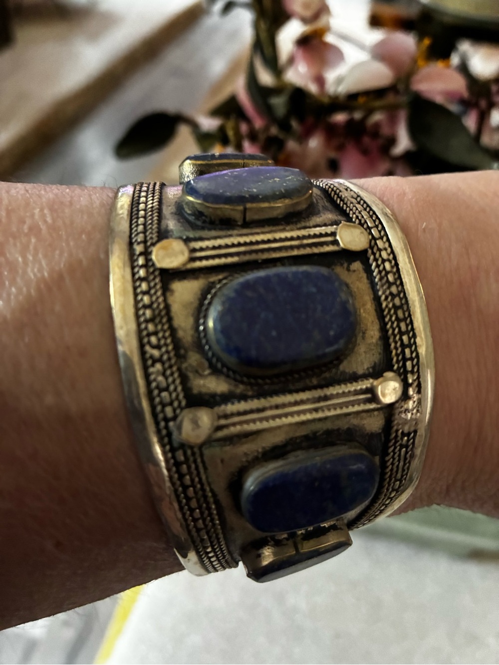 Handcrafted Silver Cuff Bracelet with Blue Lapis Stones